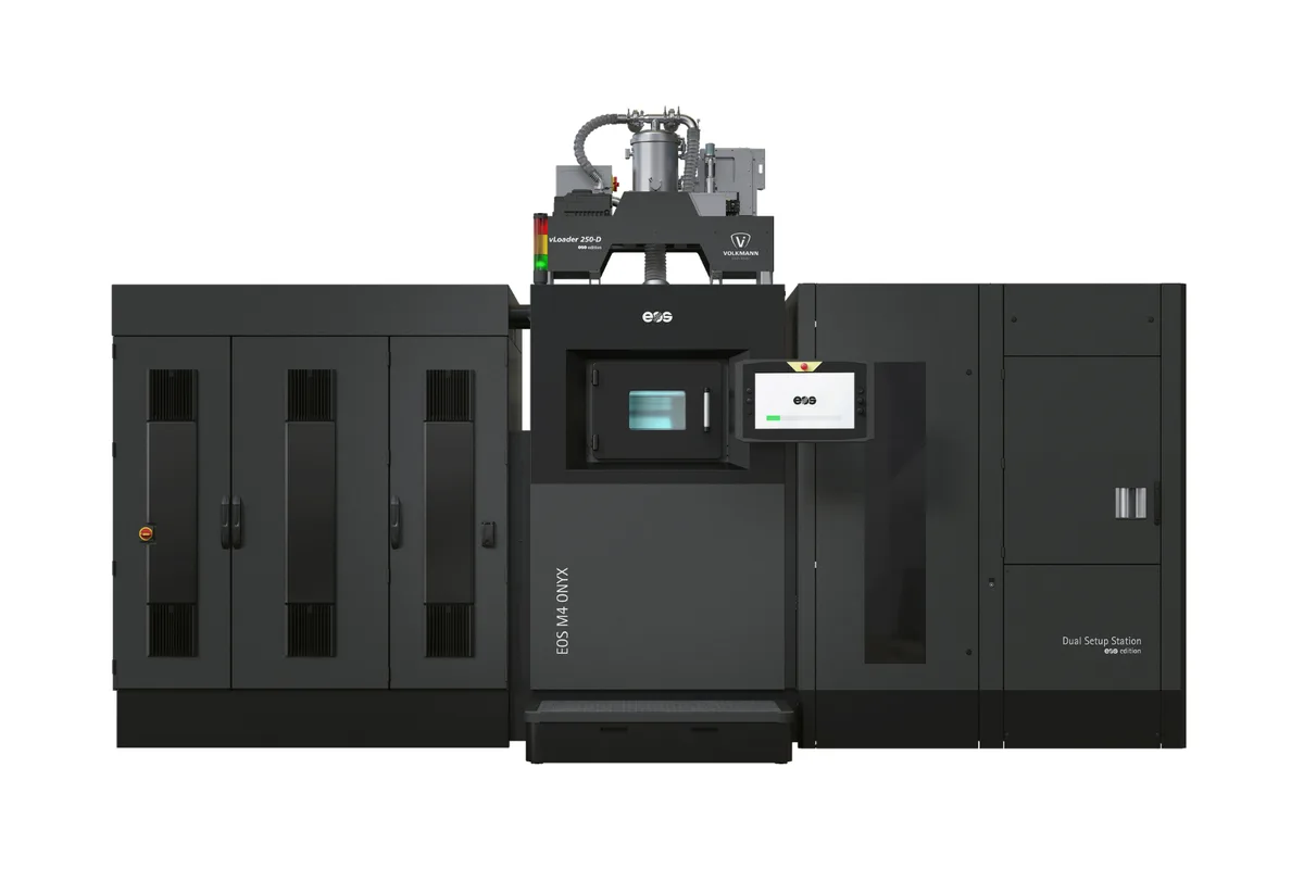 EOS M4 ONYX metal 3D printer, front view with powder handling and Dual Setup Station