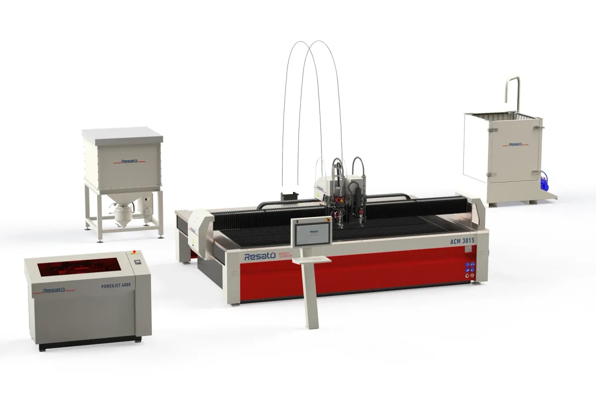 Resato ACM series waterjet cutting system (ACM 3015 shown with pump, abrasive vessel and removal system)