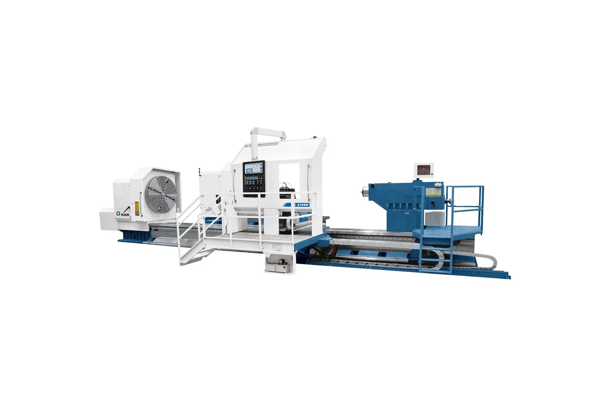 ROMI C 2100H heavy-duty CNC lathe with operator platform