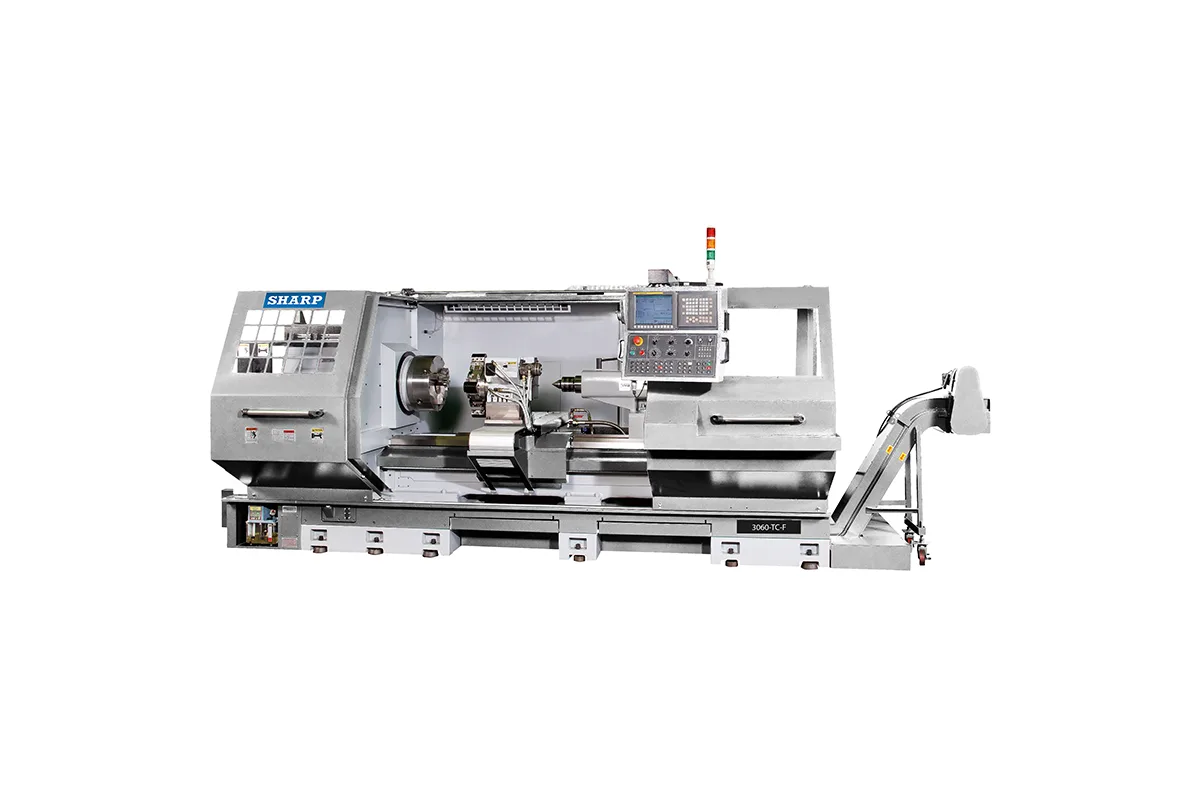 Sharp 3000-series flat bed CNC lathe (3060TC-F shown on the 3080TC-F page)