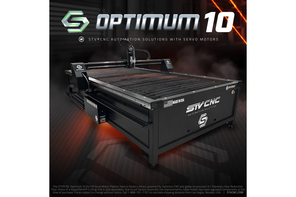 STV CNC Optimum 10 CNC plasma table (maker's render with title overlay)