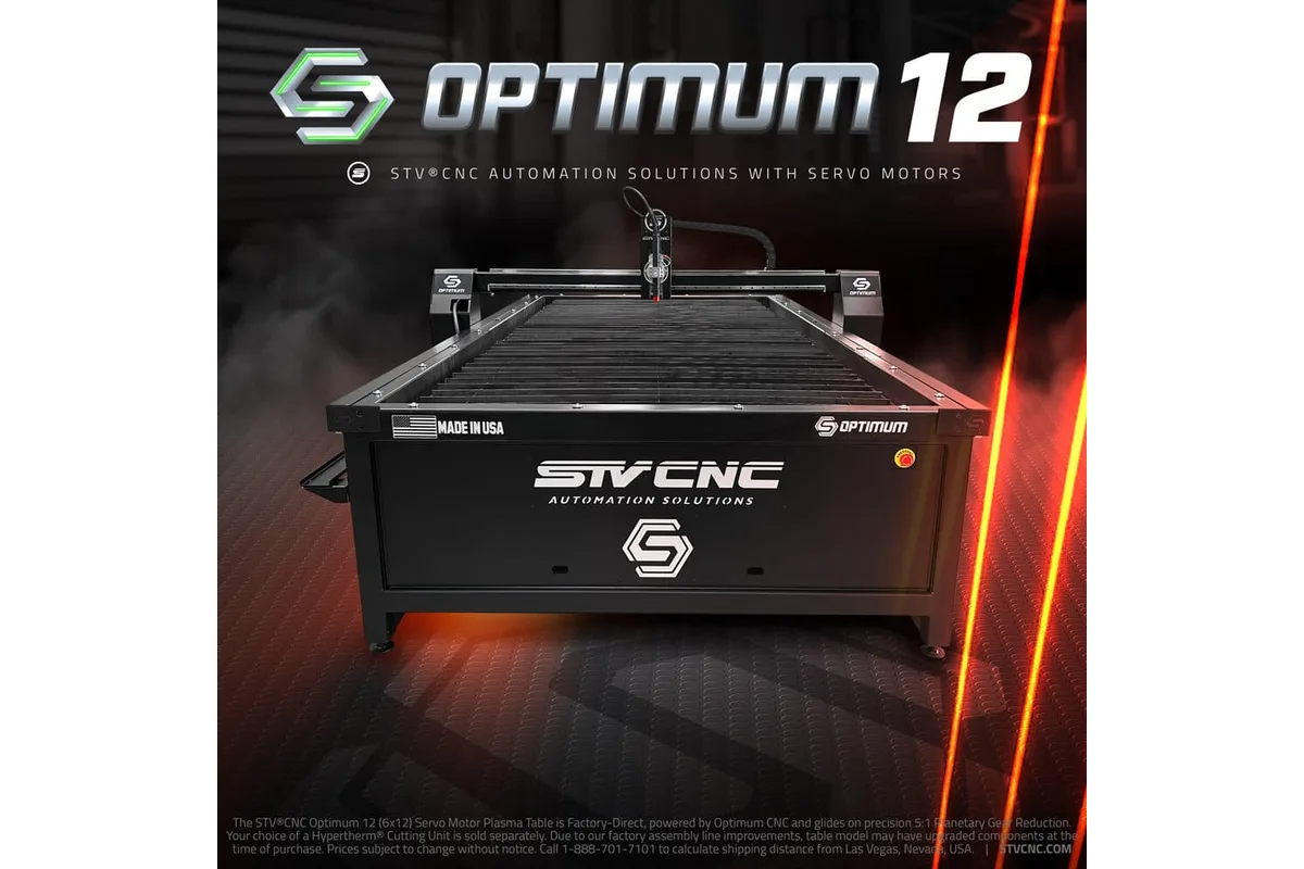 STV CNC Optimum 12 CNC plasma table (maker's render with title overlay)