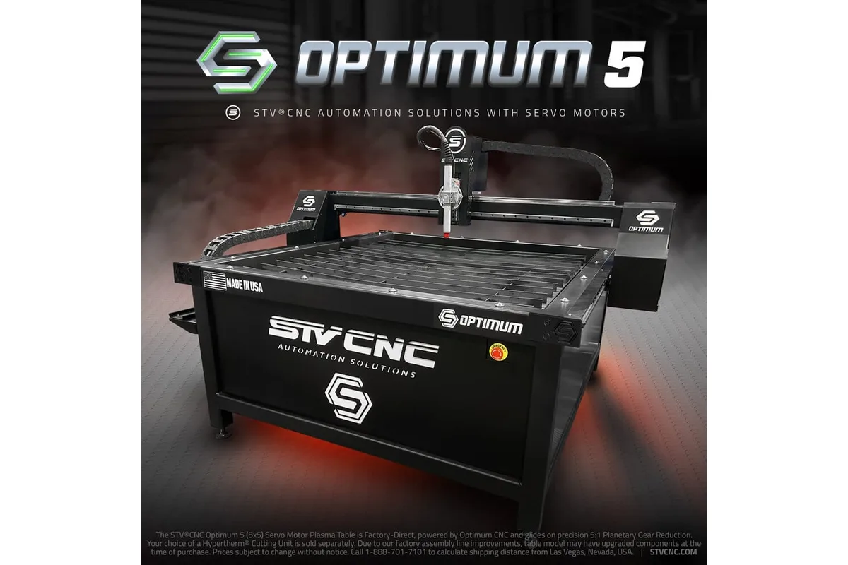 STV CNC Optimum 5 CNC plasma table (maker's render with title overlay)