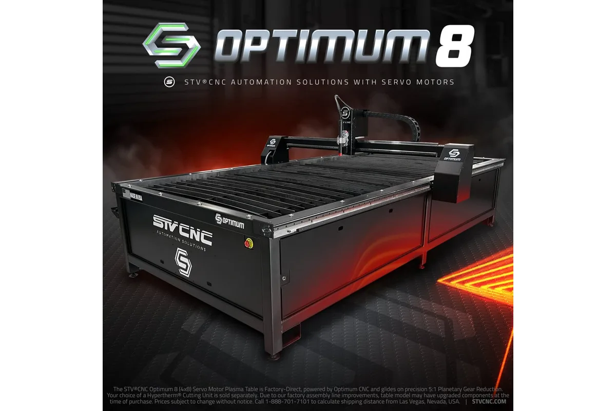 STV CNC Optimum 8 CNC plasma table (maker's render with title overlay)