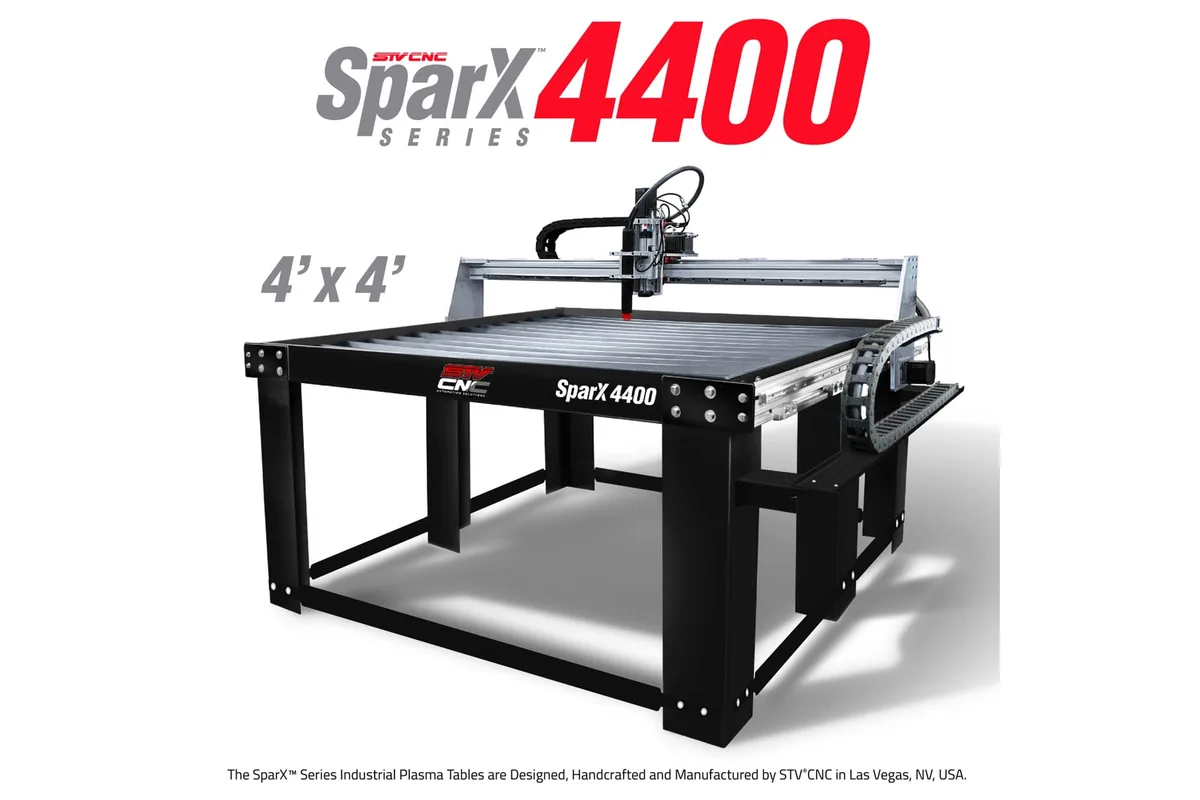 STV CNC SparX 4400 CNC plasma table (maker's render with title overlay)