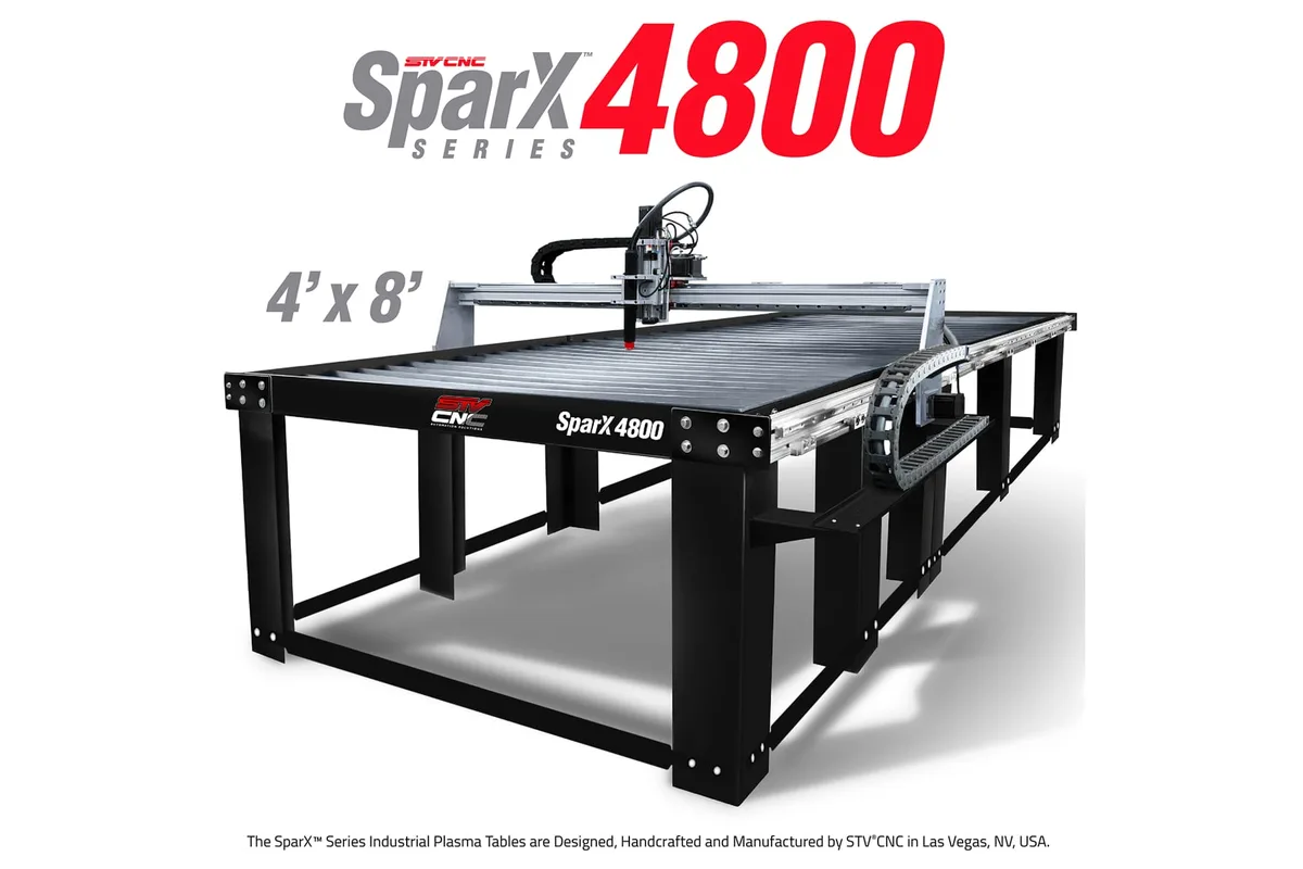 STV CNC SparX 4800 CNC plasma table (maker's render with title overlay)