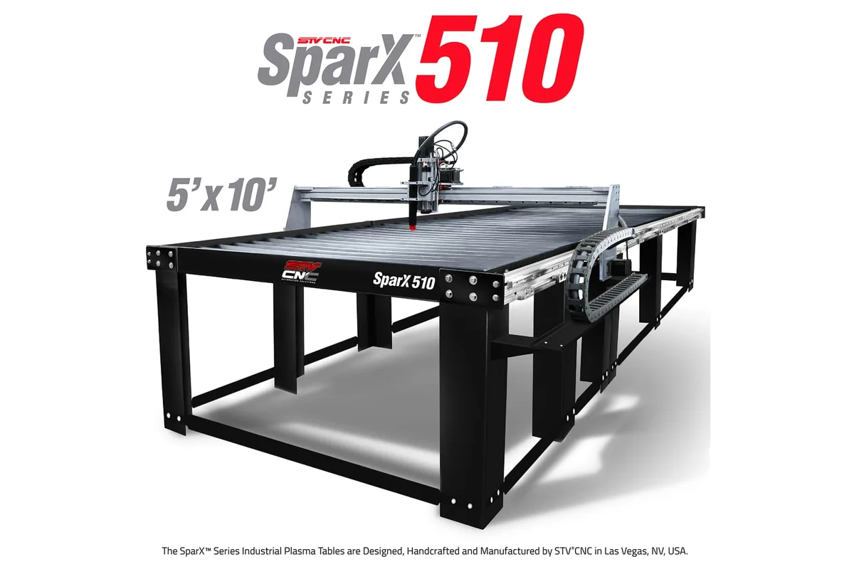 STV CNC SparX 510 CNC plasma table (maker's render with title overlay)