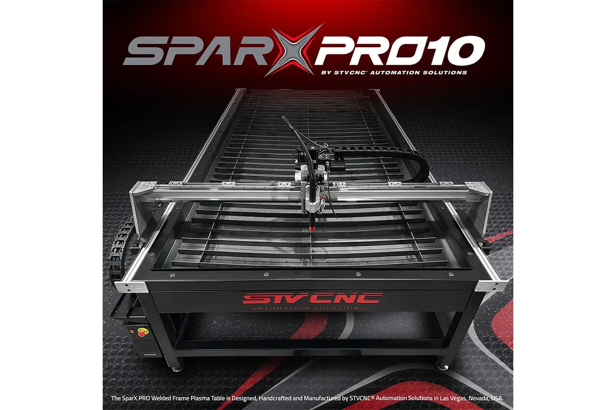 STV CNC SparX PRO 10 CNC plasma table (maker's render with title overlay)