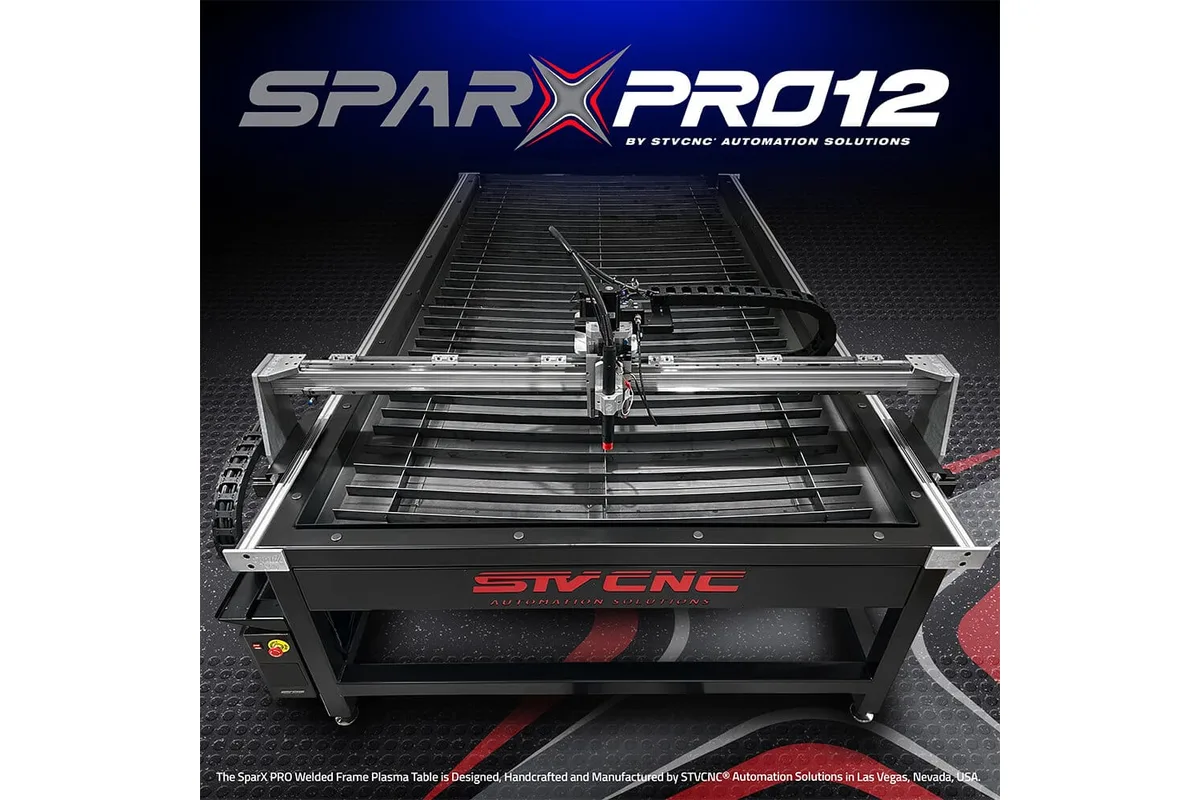 STV CNC SparX PRO 12 CNC plasma table (maker's render with title overlay)