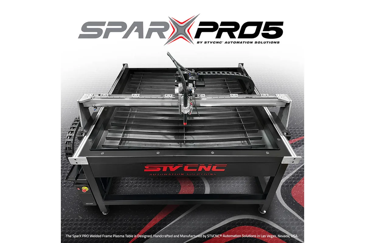 STV CNC SparX PRO 5 CNC plasma table (maker's render with title overlay)