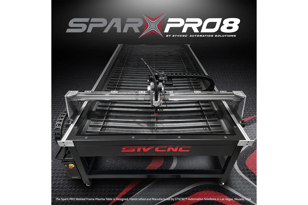 STV CNC SparX PRO 8 CNC plasma table (maker's render with title overlay)