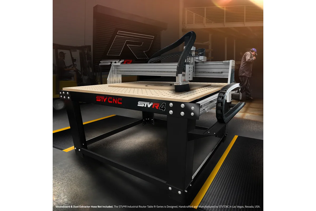 STV CNC STVR4 CNC router table (maker's promotional picture with title overlay)