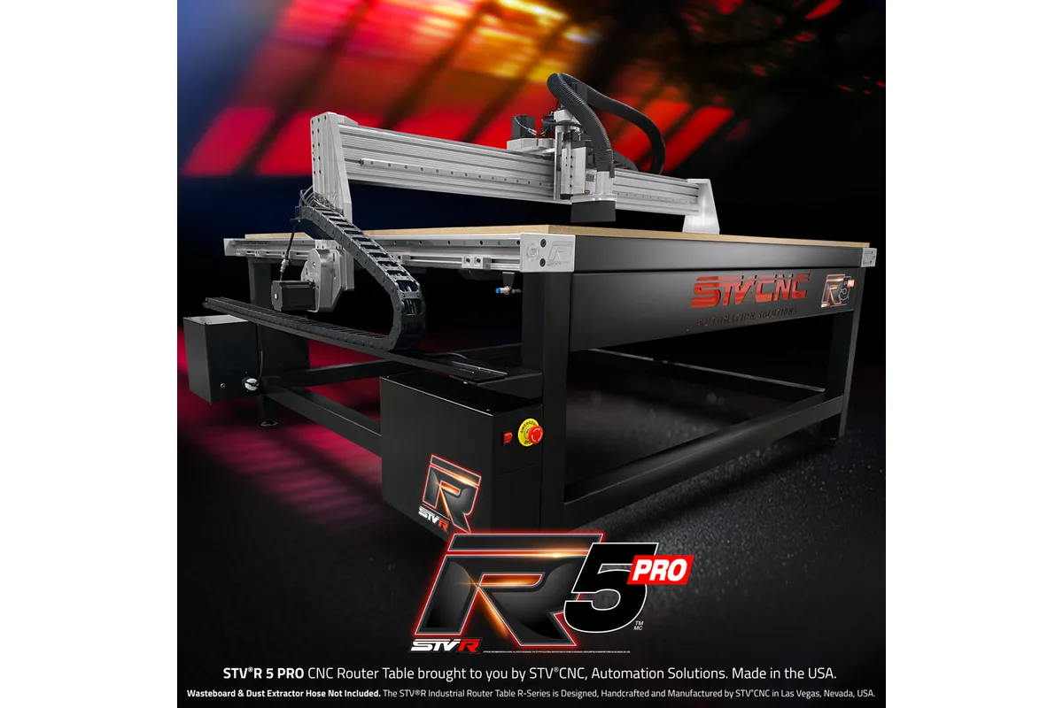 STV CNC STVR5 PRO CNC router table (maker's promotional picture with title overlay)