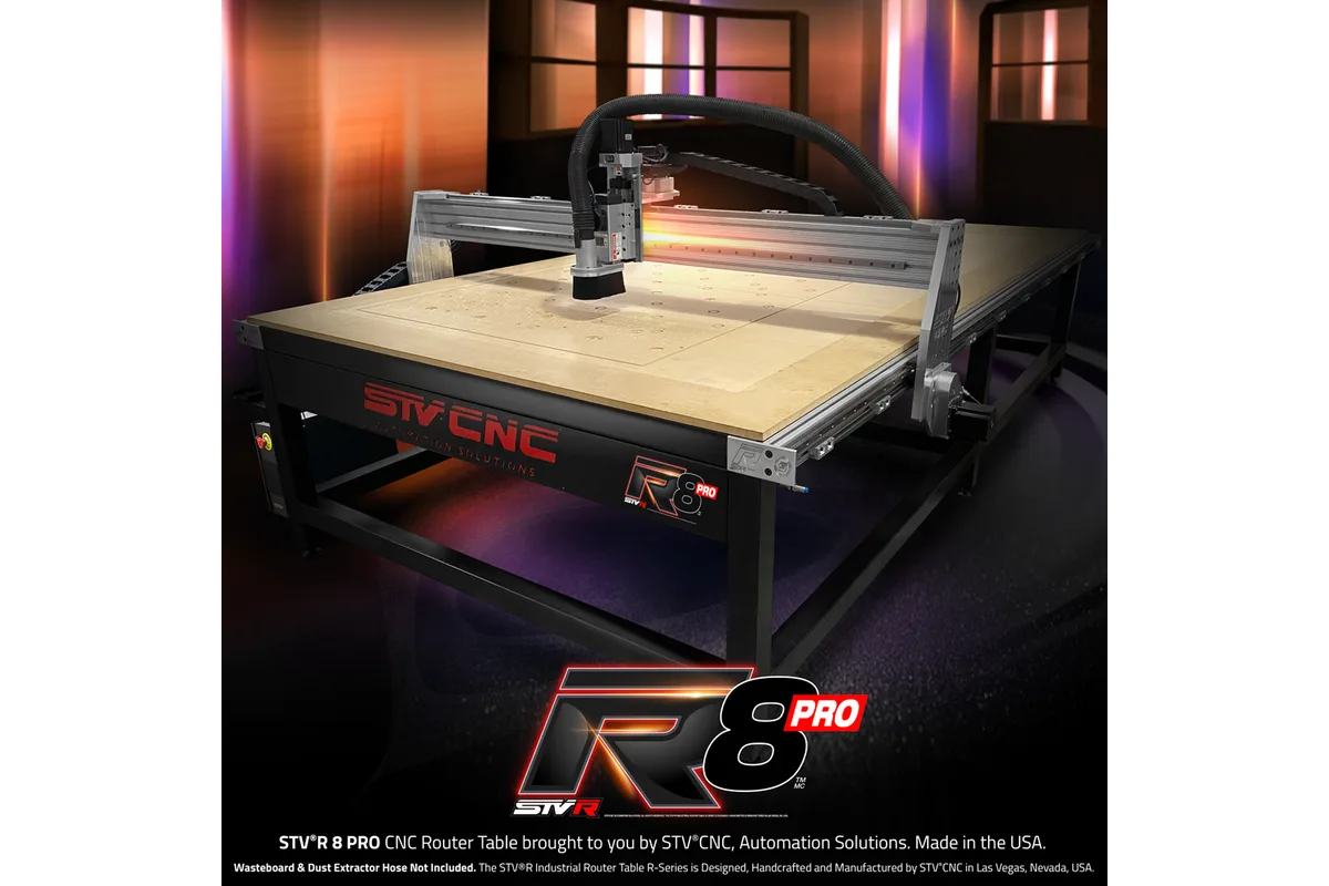 STV CNC STVR8 PRO CNC router table (maker's promotional picture with title overlay)