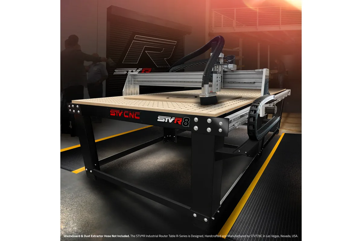 STV CNC STVR8 CNC router table (maker's promotional picture with title overlay)